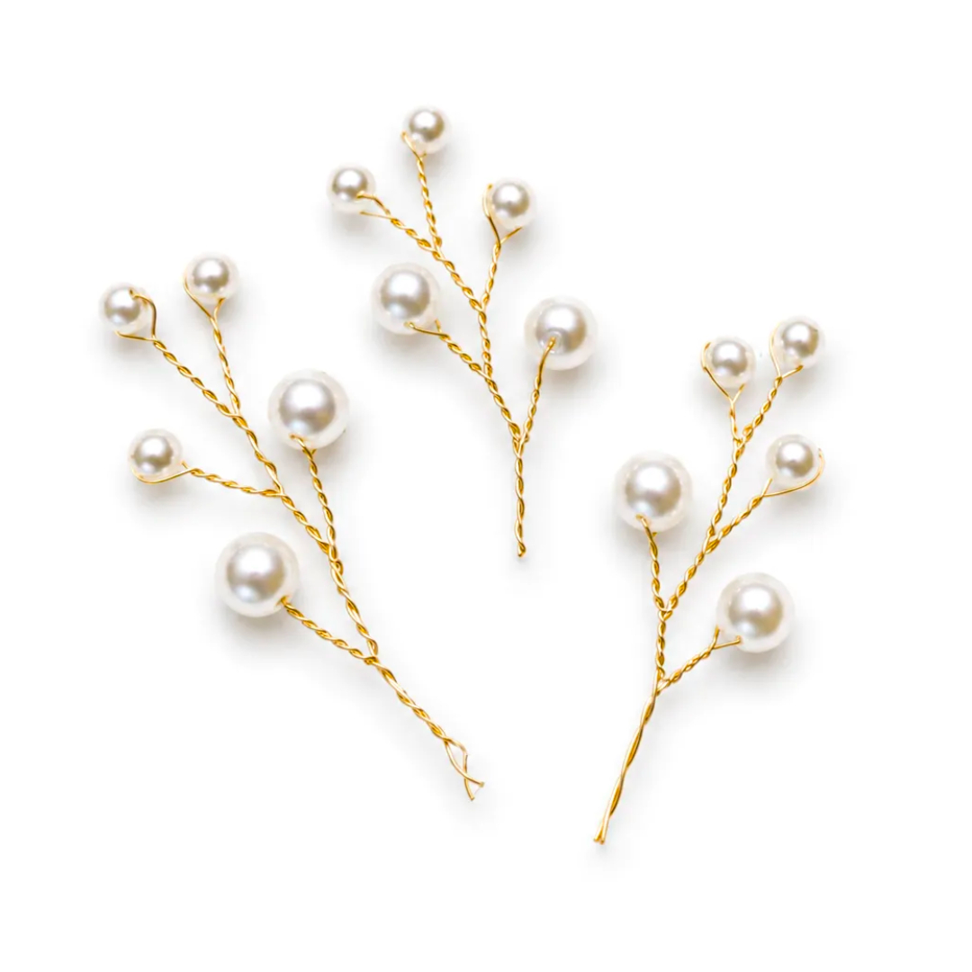 3er Set Deko Perlenzweig Gold/Perl
